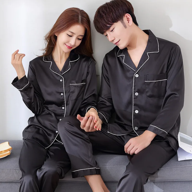 

2019 Spring and Summer Lovers Silk Sleepwear Long-sleeve Male Set Silk Printing Thin Lounge Couple Pajamas Women Pajamas