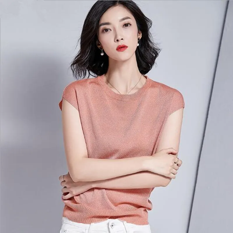 

Short round neck bottoming shirt female loose gold and silver thread thin sweater summer sleeveless fashion blousefemale