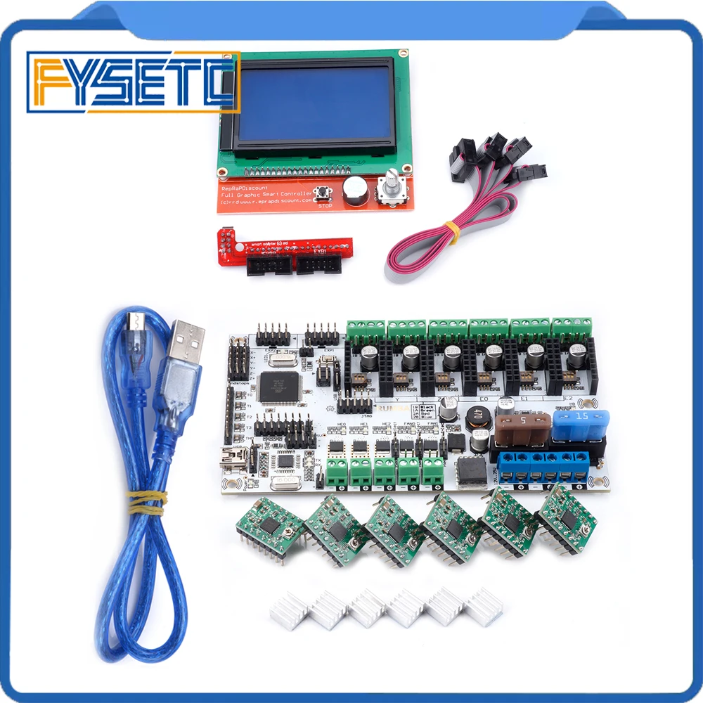 

12864 LCD Display+ 6pcs A4988 Green/Red Stepper Motor Driver + Rumba+ Board Support 3pcs Extruder Rumba Plus Motherboard