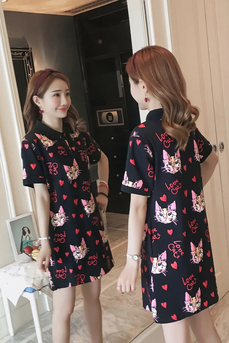 

Women Dress Sweet Cute Cat Print Femme Dresses Loose Lolita Vestidos Short Sleeve Plus Size Summer  