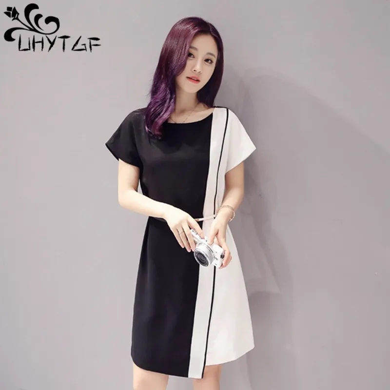 

UHYTGF Summer New Women clothes dresses Korean Short sleeve Spliced dresses Slim plus size Mid-length fashion Female dress X129