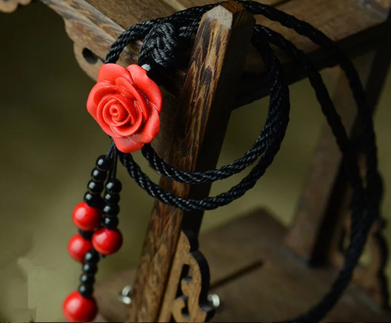 Yanting long maxi ethnic necklace for women red carved lacquerware flower pendant necklace rope chain handmade vintage jewelry