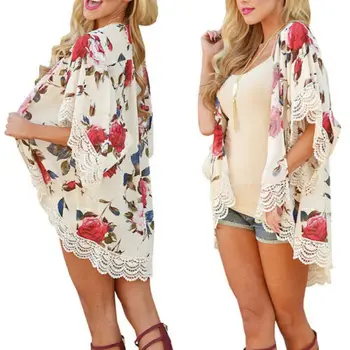 

Women Chiffon Kimono Blouse Coat Boho Floral Cardigan Jacket Beach Cover Up Top