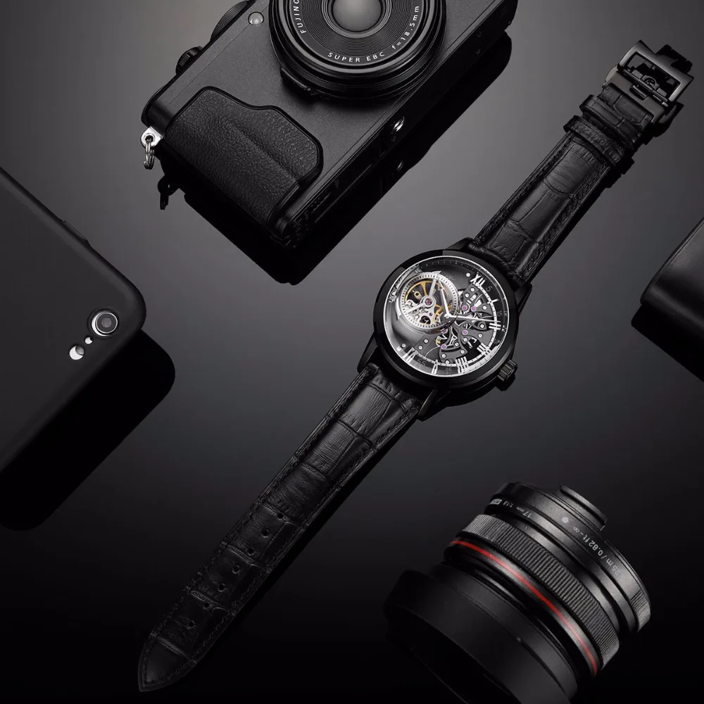 OBLVLO дизайн прозрачные часы для мужчин турбийон автоматические часы кожаный ремешок часы VM 1