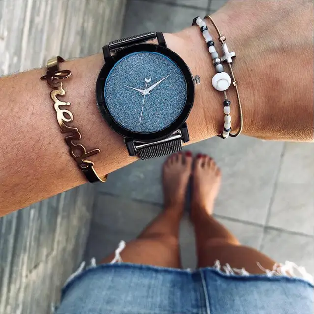 Fashion Cute Moon Stars Design Wrist Watch Stainless Steel Women Romantic Starry Fashion Cute Moon Stars Design Wrist Watch Stainless Steel Women Romantic Starry