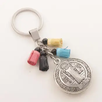 

Korean Velvet Charm 3D Round Saint Benedict Medal Key Chains Rings Crystal Beads 7pcs zinc alloy Key Chain K1727