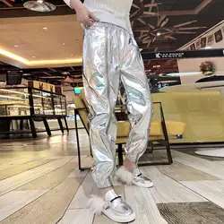 Модные женские брюки 2019 осень зима Серебряный металлик повседневные свободные молнии шаровары Штаны для пробежек хип хоп танец