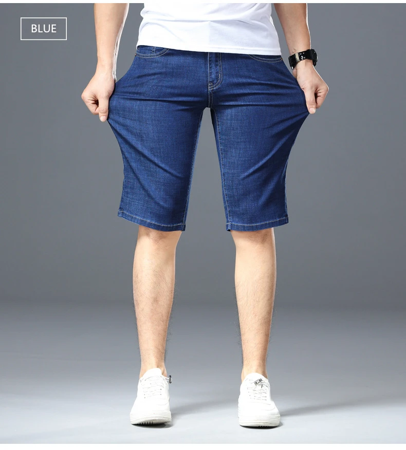 QUANBO 2019 новые летние высокая эластичность джинсовые шорты мужские Повседневное свободные прямые джинсовые шорты Большие размеры 42 44 46