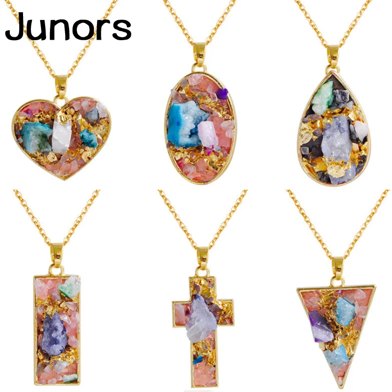 

Natural Raw stone crystal stone cross necklace for women gold chain love heart statement pendant necklace fashion jewelry gifts