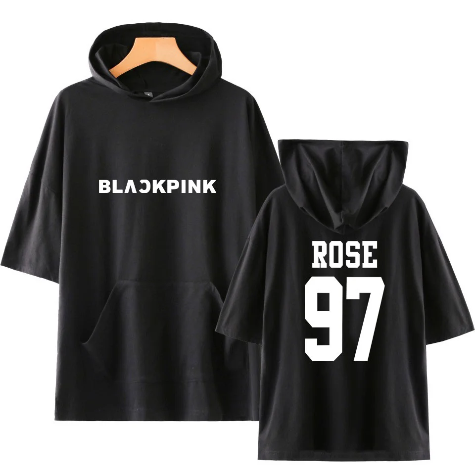 Kpop harajuku, летняя толстовка с коротким рукавом черного и розового цвета, женская и мужская Повседневная Свободная хлопковая толстовка Kpop, черный и розовый пуловер, топы - Цвет: black 97ROSE