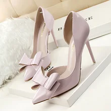 2016 Sweet High-heeled Shoes Pointed Toe sexy Thin Heels Women’s Singles Shoes Patent Leather Bow Women Pumps 6 colors