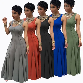 

2019 Women sexy dress fashion straight draped floor-length causal style tank sleeve round neck empire hot sexy dress for girls