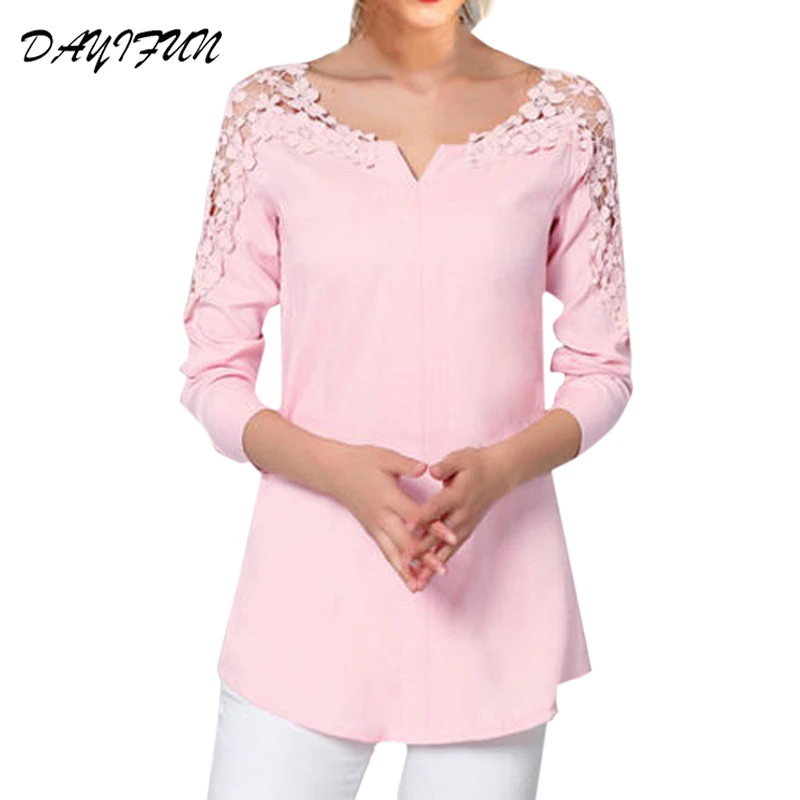 DAYIFUN Womens Tops and Blouses 2020 Patchwork Lace Chiffon Blouse Women Hollow Out Long Sleeve Shirt Ladies 7254 | Женская одежда