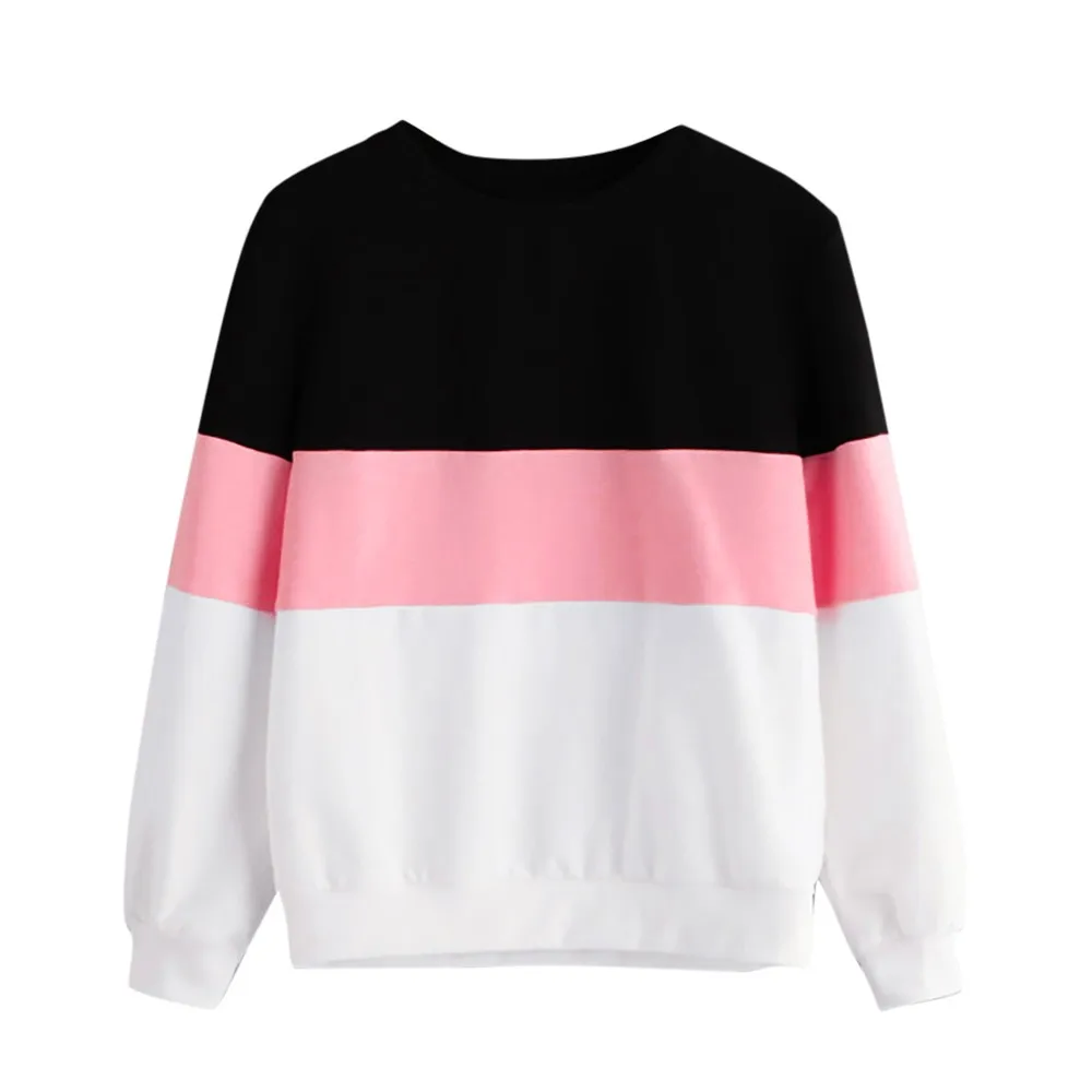 CHAMSGEND, черные, розовые свитшоты, Женская Трехцветная Лоскутная Толстовка, круглый вырез, длинный рукав, Модный женский пуловер kpop F721 - Цвет: PK