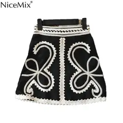 NiceMix Элегантный Вышивка офисные Короткая юбка для женщин Мода повседневное Корейская Высокая талия черная упаковка Сезон: Весна-Лето Bodycon
