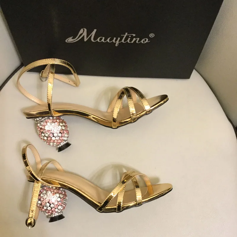 

2019 new style spring one strap crystal heel sandals women leather Ball heel open toe ladies sandals wedding shoes bride heels