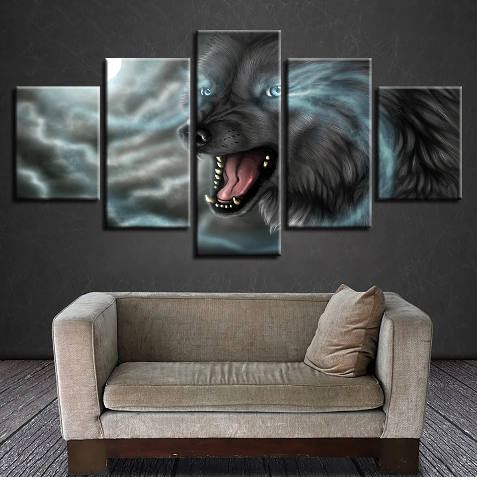 

Animal Modern Framework Decor Prints Home Living Room 5 Pieces Wolf Blue Eyes Pictures Modular Canvas Paintings Poster Wall Art