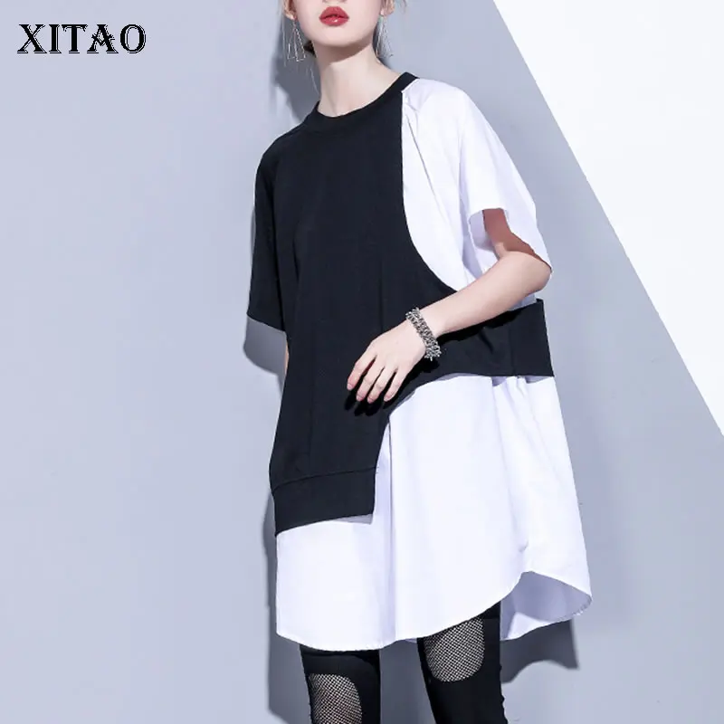

[XITAO] 2019 New Europe Casual Loose Half Sleeve Patchwork Pullover O-neck Simple Fashion Women Summer Long T-shirt ZQ1204