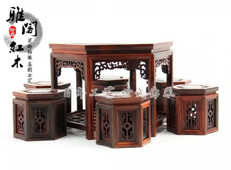 

Factory direct mahogany furniture miniature ornaments Rosewood hexagonal tables set model small table stool