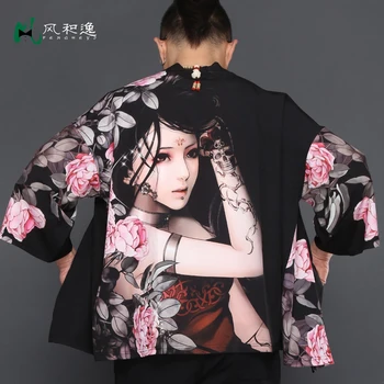 

Men Japan Style Pattern Printing Kimono Robe Cardigan Shirt Jacket Summer Male Streetwear Casual Half Sleeves Shirt Coat