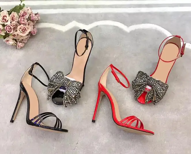 

New 2018 Summer High Heels Sandal for Woman Crystal Embellished Butterfly-knot Ankle Strap Gladiator Sandal Cutous Heels Shoe