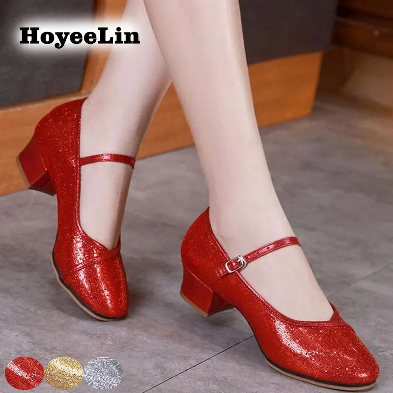 

HoYeeLin Outdoor Sole Modern Dance Shoes Aged Women Ladies Low Heeled Glitter Tango Dancing Shoes
