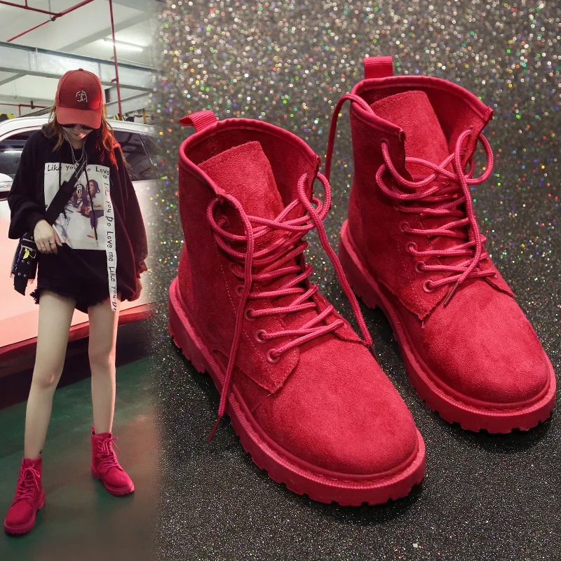 red flat ankle boots
