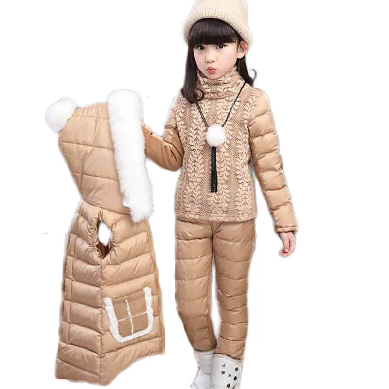 

2018 Winter Children Clothing Sets Kids Down Cotton Coats sets Vest Pants Jacket Hooded parkas Baby Girls Leather Outwear P188
