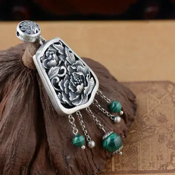 

FNJ 925 Silver Peacock Pendant Natural Green Stone 100% Pure S925 Solid Thai Silver Pendants for Women Men Jewelry Making