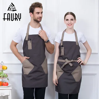 

Unisex Spliced Color Halter Neck Adjustable Strappy Pockets Food Service Kitchen Cooking Anti-dirty Work Wear Uniform Long Apron