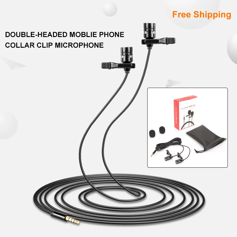 Dual-Head Lavalier Microphone 1m Clip-on Collar Condenser Lapel Mic for Smartphone Computer Pad Vlog | Электроника