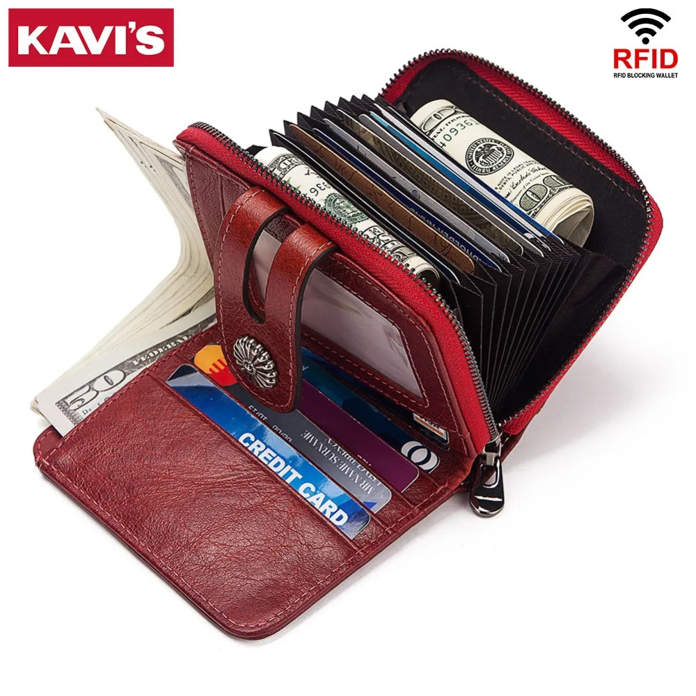 

KAVIS Genuine Leather Card Holder Women Wallet Female Red Color Coin Purse Small Multifunction Portomonee Money Bag Lady Mini