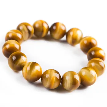 

Genuine Yellow Gold Natural Tiger's Eye Bracelets For Women Men Power Crystal Gemstone Round Bead Bracelet 14mm