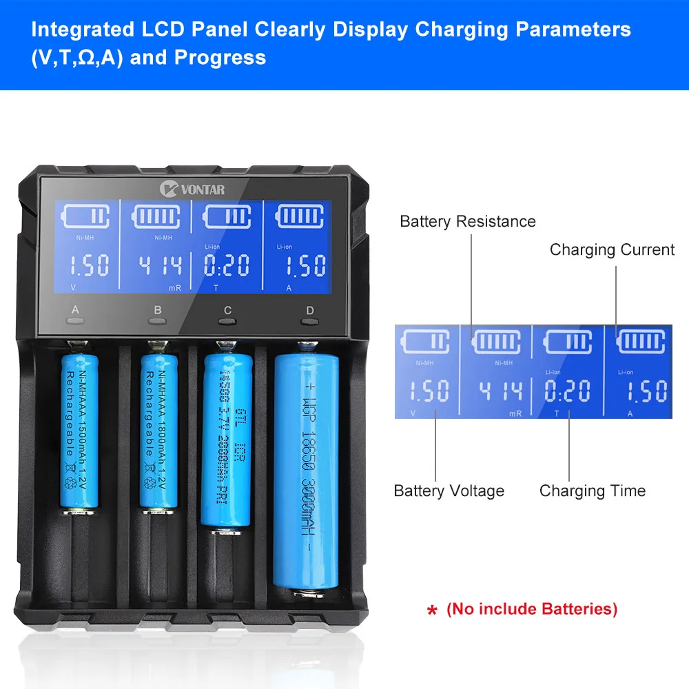 VONTAR VT4 Plus lcd зарядное устройство, перезаряжаемая батарея 3,7 в для литий-ионного NiMH Ni-CD LiFePo4 AA AAA 26650 14500 22650 18650 C