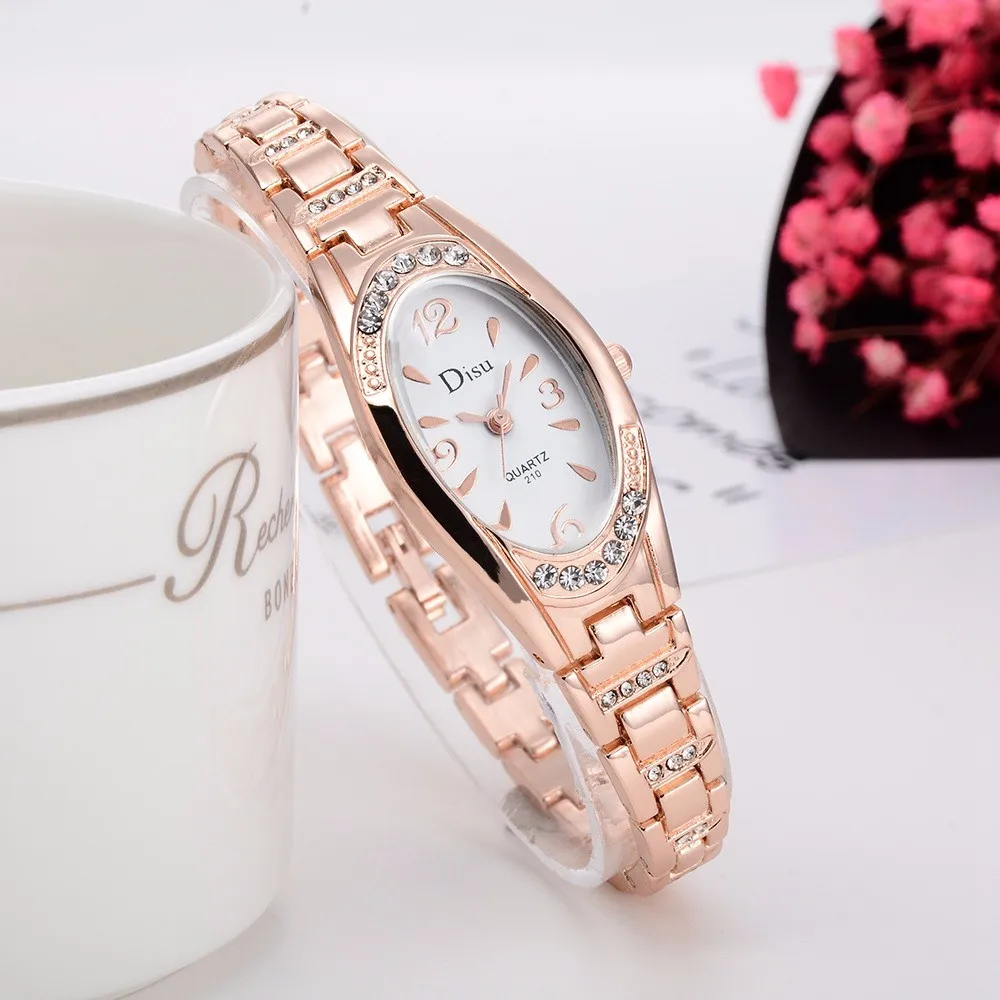

DISU Rose Gold Plated Womens Elegant Rhinestone Bracelet Quartz WirstWatch Fashion Ladies Dress Watches Oval relogio feminino *A