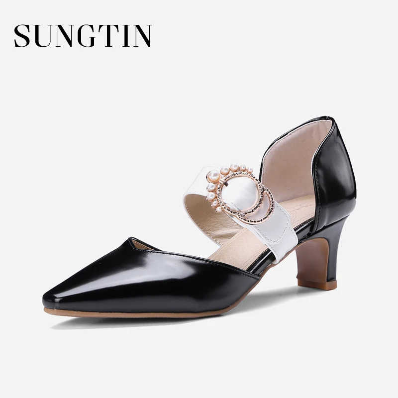 

Sungtin Sexy Pointed Toe Mary Janes Women High Heels Fashion Pearl Buckle Strap Pumps Lady Runway Party Shoes Handmade Big Size