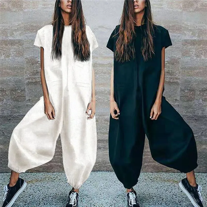 New Women Summer Casual O-Neckline Solid Romper Short Sleeve Zipper Loose Jumpsuit Elegant Beach Holiday Dropshipping #4A29 (1)