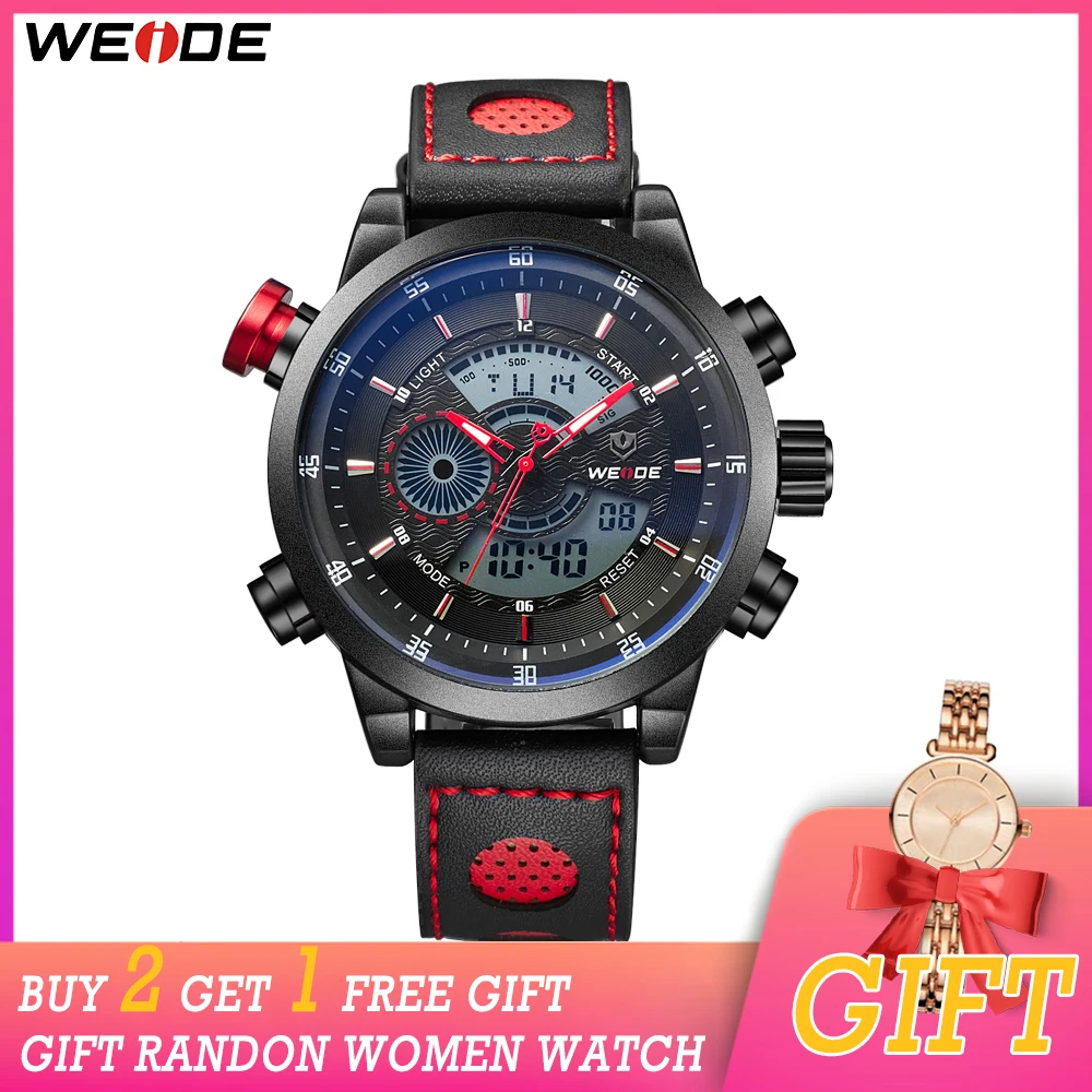 

Gift WEIDE Mens Sports Casual Quartz Digital Date Alarm Repeater Chronograph Genuine Leather Strap Wrist Watches Reloj montre