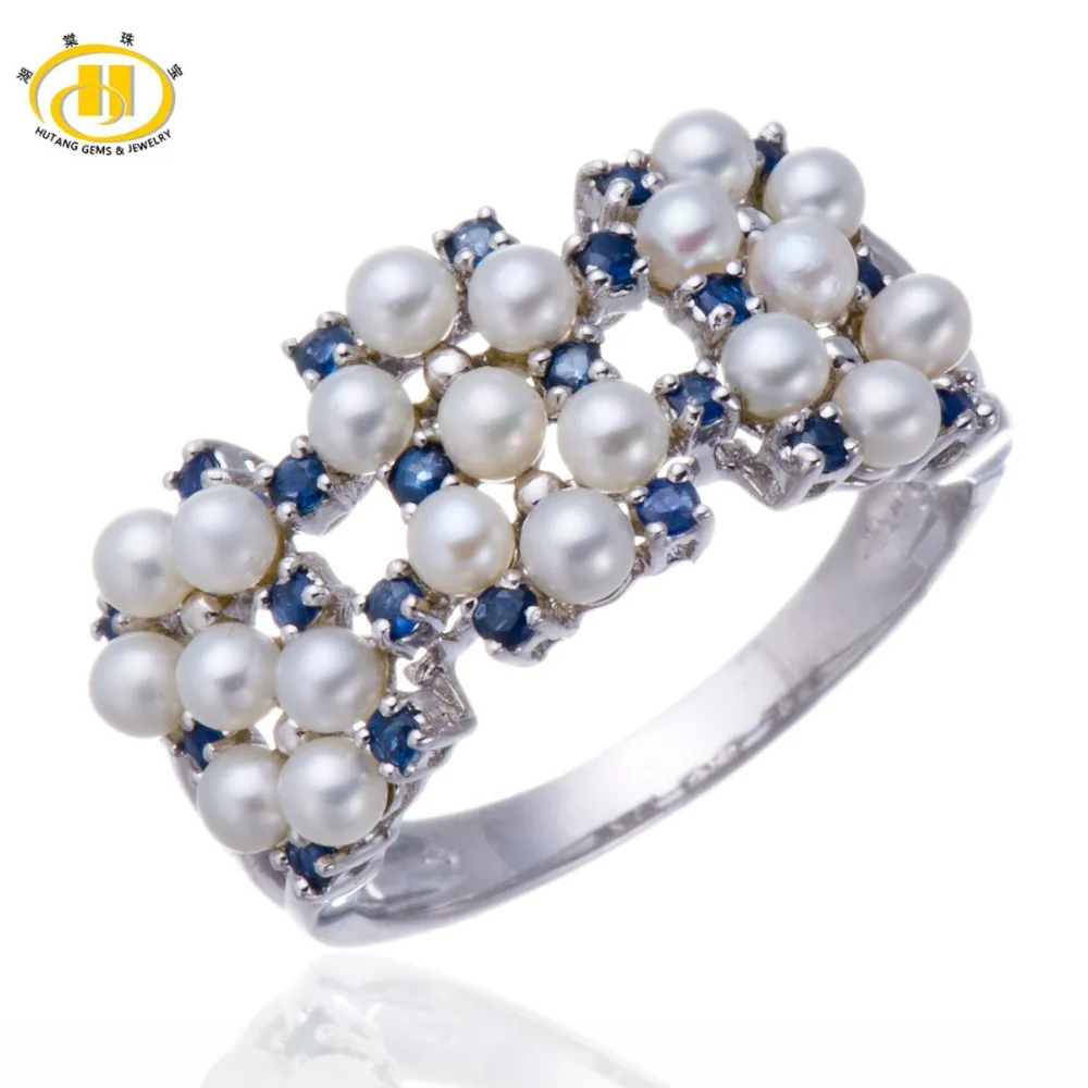 

Hutang Natural Freshwater Cultured Pearl and Blue Sapphire Solid Sterling Silver 925 Ring Women's Fine Jewelry Anniversary Gift