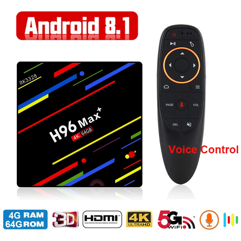 

H96 MAX + Smart TV Box Android 8.1 RK3328 4GB RAM 64GB ROM 5G Wifi Set-top Box USB 3.0 4K Media Player with Voice Remote Control