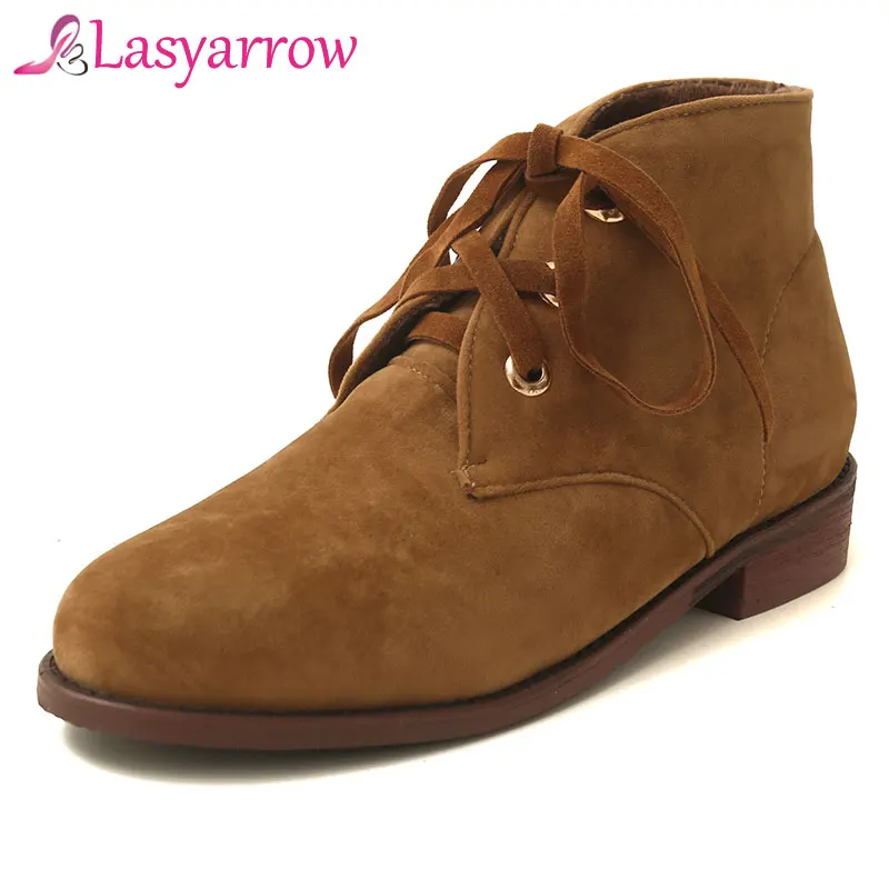 

Lasyarrow Motorcycle Ankle Boots For Women Round Toe Flat Martin Boots Solid Lace Up Autumn Winter Boots Woman Casual Shoes Bota