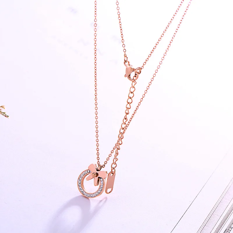 Fashion Cute Bowknot Rhinestone Heart Pendant Women Chain Stainless Steel Necklace Accessories Soft Bow Necklaces &amp Pendants | Украшения