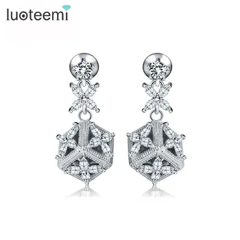 

LUOTEEMI New Design Vintage Piercing Jewelry CZ Stone Cube and Flower Pendant Drop Earrings for Women Wedding Oorbellen Brinco