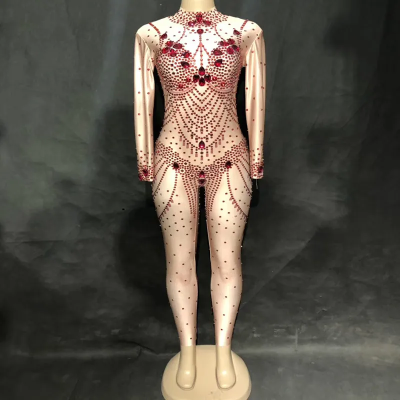 Женский сексуальный стеклянный комбинезон диджея со стразами, блестящий кристалл, боди для ночного клуба, одежда для сцены, танцор певец, танцевальные костюмы - Color: Red