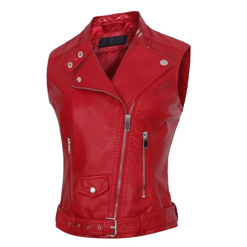Новинка, Модный женский весенне-осенний красный жилет из искусственной кожи, куртки для девушек, куртка-бомбер для мотоцикла, крутая верхняя одежда, пальто с поясом