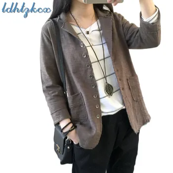 

Literary Temperament Solid Color Loose Bamboo Cotton Small Blazer Women Spring-autumn New Fashion Office Lady Pockets Suit LD105