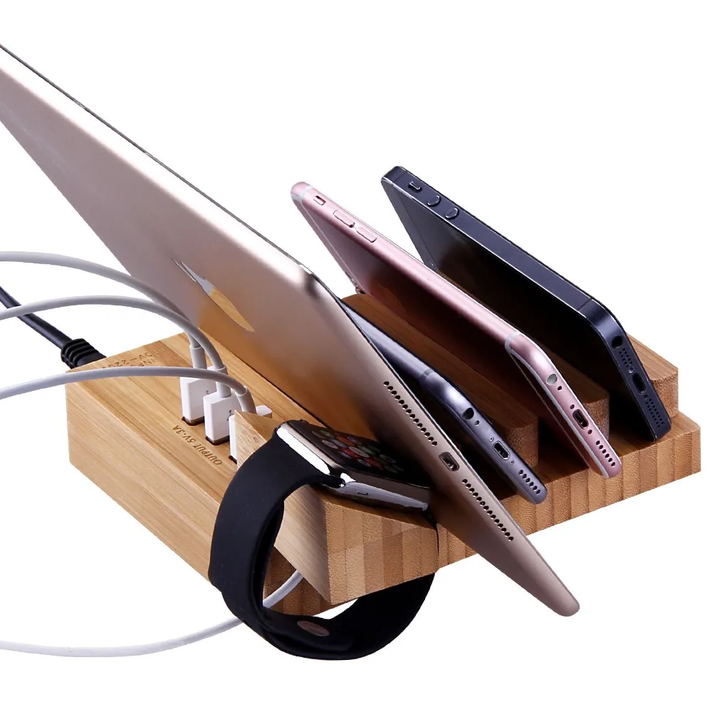Tablet Charge Stand Universal Holder Watch/Mobile Phone Bamboo Charging Station Docks for iPad iPhone iWatch with 3 USB Port