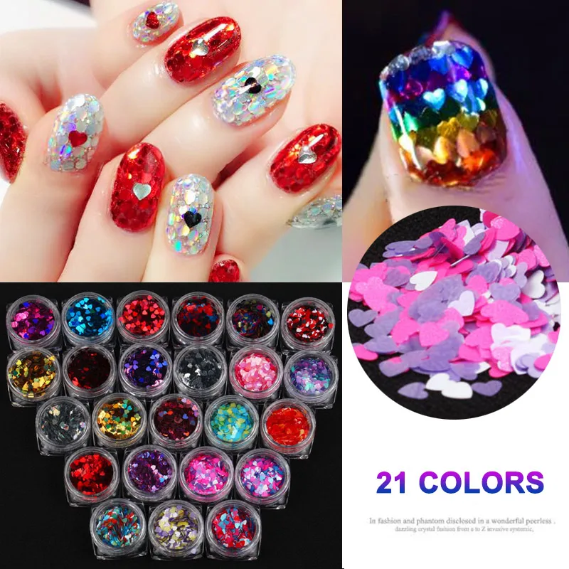 

21 Color Heart Shape Nail Sequins Nail Art Decoration for Women Girls Women Manicure DIY Heart Nail Decorations