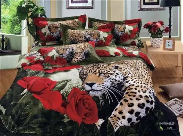 3d Leopard Red Rose Animal Print Bedding Set Queen Size Duvet