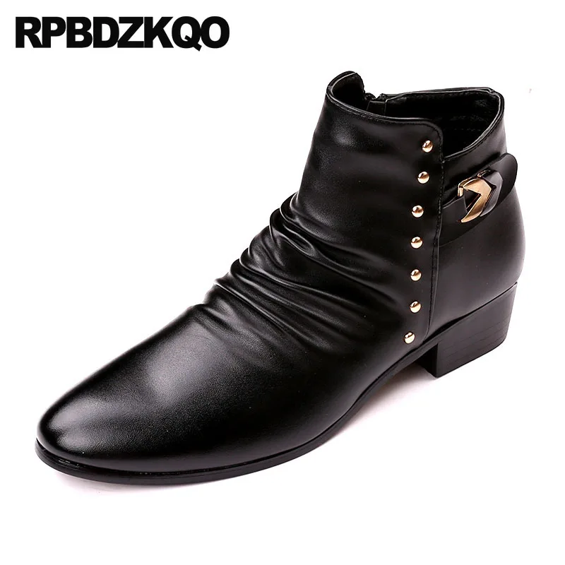 Rivet Mens Zipper Dress Boots Black Chunky Shoes British Style Pointed